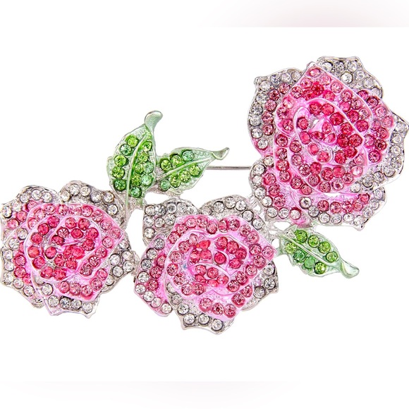Ever Faith Jewelry - EVER FAITH Austrian Crystal NIB Enamel Romantic Blooming Rose Flower Leaves.